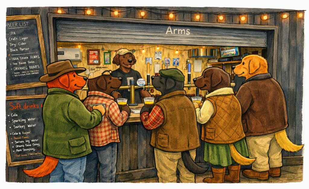Cartoon scene of several Labrador dogs standing upright at a wooden bar inside Jeremy Clarkson’s Hawkstone Arms at the Hawkstone Brewery in Bourton-on-the-Water, Gloucestershire. The Labradors are drawn like human patrons, each with different colours and expressions, some holding drinks, with rustic pub décor and brewery signage in the background.